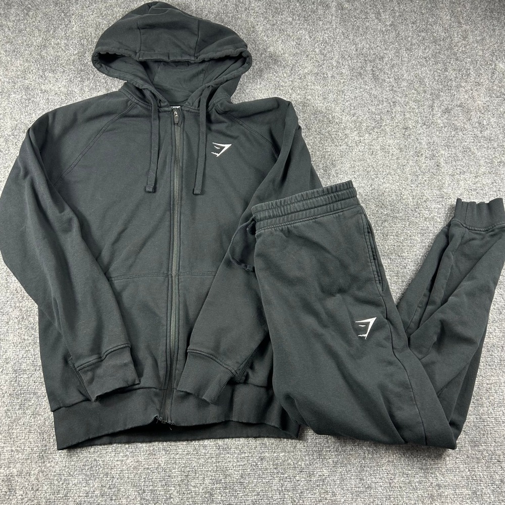 Gymshark Tracksuit Mens XL Black Full Zip Hoodie and Joggers Sweats Set Active